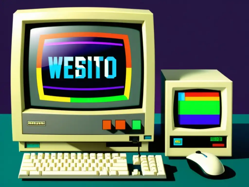 Imagen de un monitor retro de los 90 con sitio web pixelado, colores vibrantes y un ícono nostálgico de conexión a internet