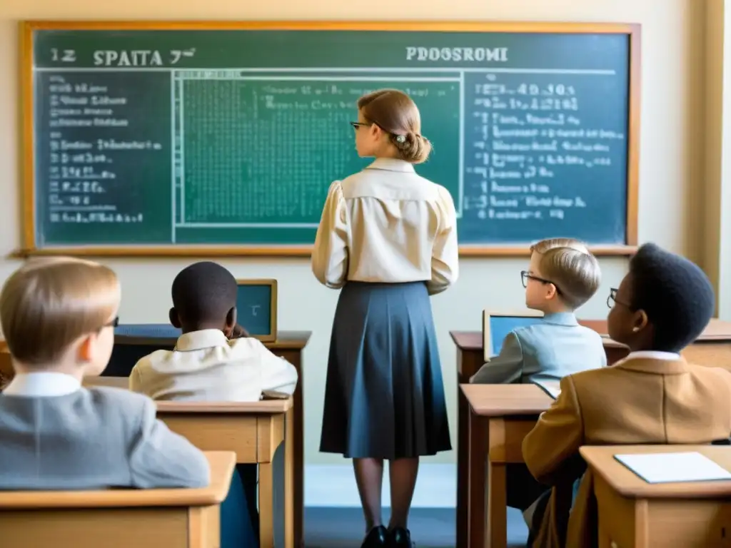 Imagen nostálgica de aula antigua con niños programando en computadoras vintage