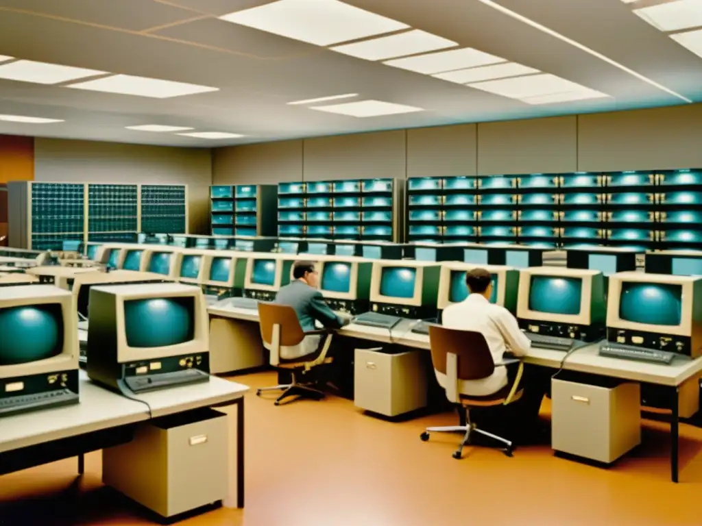 Imagen nostálgica de un bullicioso laboratorio de computación de los años 60, evocando la evolución de la computación en la nube