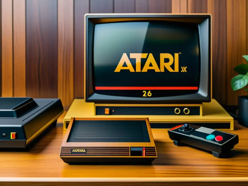 Una imagen nostálgica de la consola Atari 2600 con sus icónicos paneles de madera y cartuchos vintage