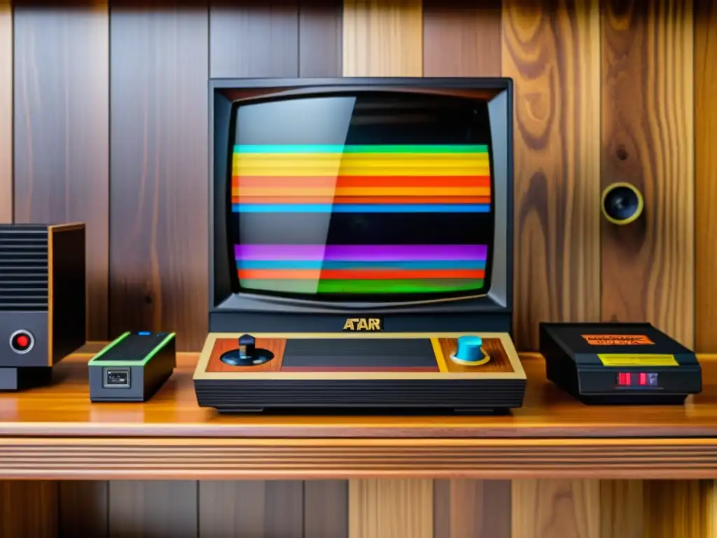 Imagen nostálgica de una consola Atari 2600 vintage junto a juegos y controles, evocando la evolución de la computación digital en los 80