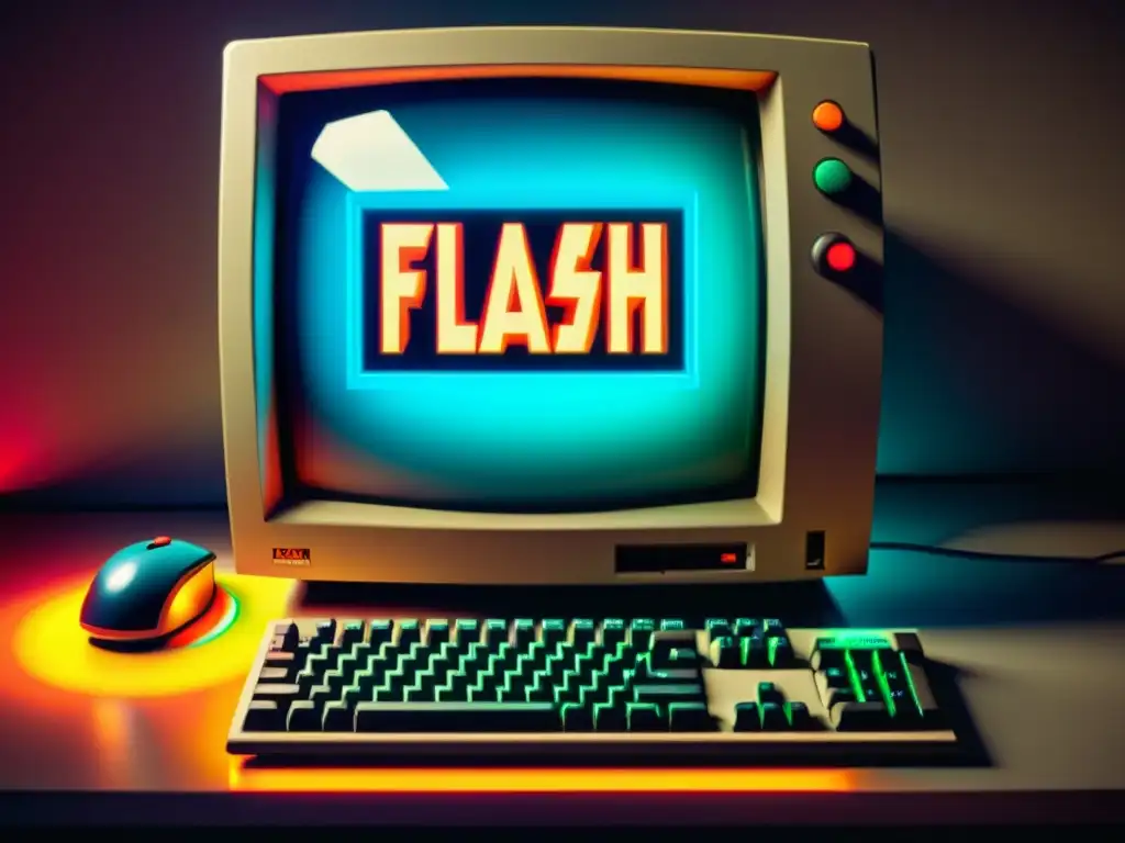 Imagen nostálgica de pantalla de computadora vintage con el logo de Flash, elementos retro y atmósfera cálida