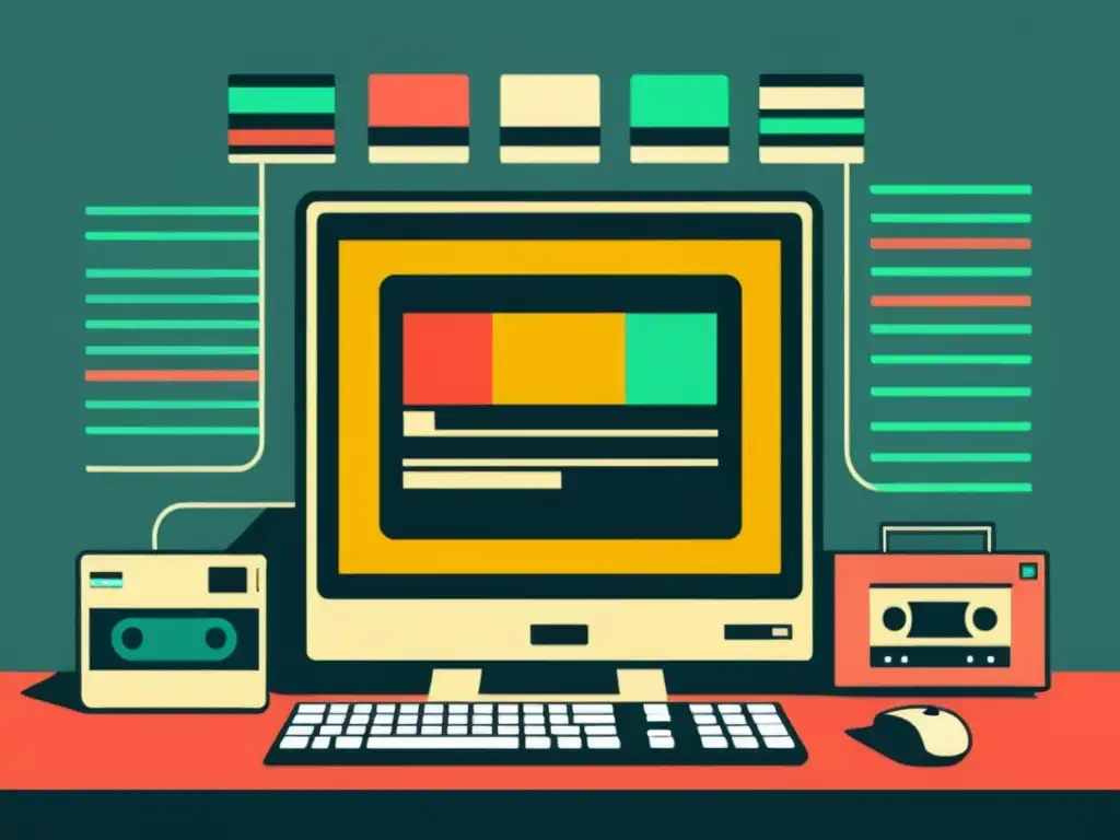 Imagen nostálgica de la evolución de JavaScript en programación web, con monitor vintage y tecnología retro