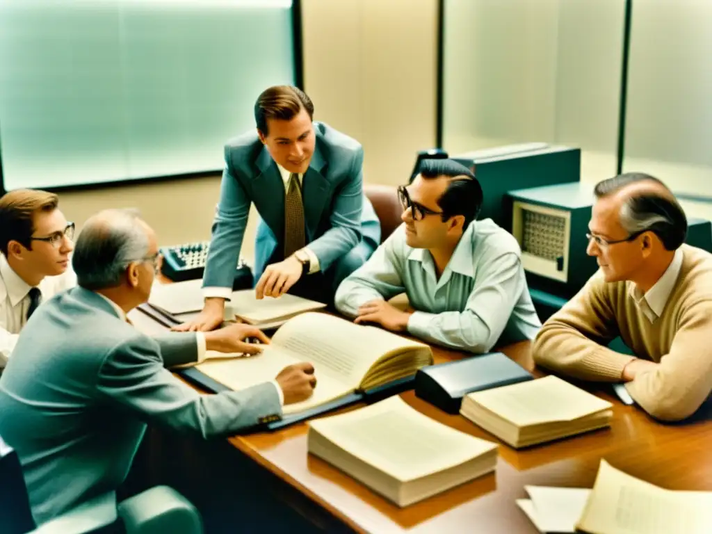 Imagen sepia de pioneros de la historia evolución computación código digital, colaborando en una sala llena de equipo informático vintage