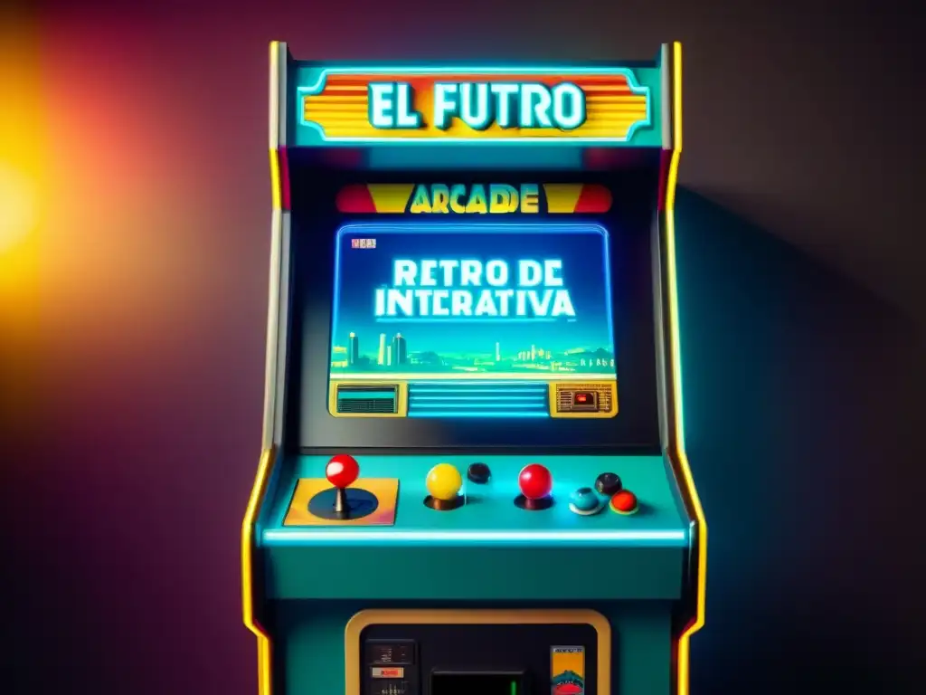 Imagen retro de una máquina arcade con impacto narrativa interactiva en videojuegos, botones brillantes y un ambiente nostálgico