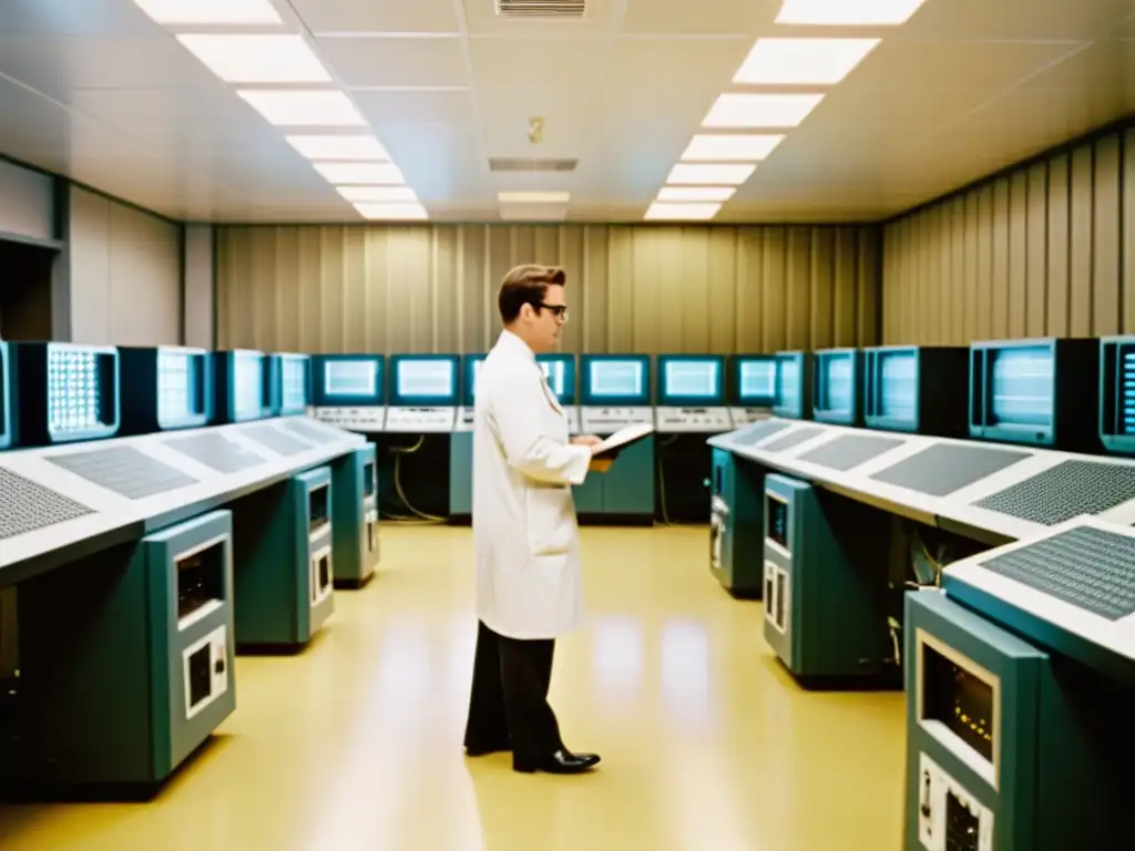 Imagen sepia de una sala de computadoras vintage con ingenieros y equipos antiguos, evocando la evolución de la computación digital