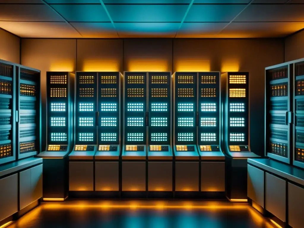 Imagen 8k de una sala de computadoras vintage, con mainframe y terminales retro