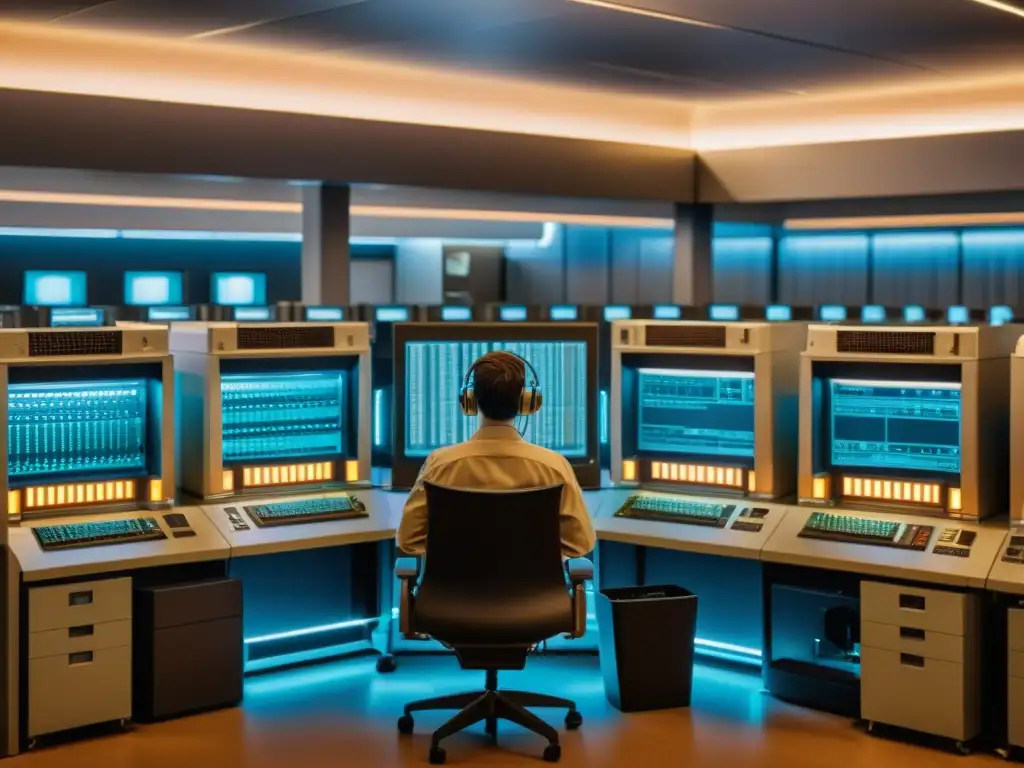 Salón de computadoras vintage: la era dorada de la revolución digital Imagen 8k de sala de computadoras vintage, evocando la historia y la evolución de las revoluciones digitales en la computación