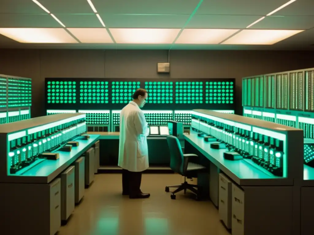 Imagen de una sala de computadoras vintage con ingenieros inspeccionando hardware, rodeados de cintas magnéticas y punch cards