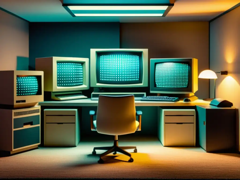 Imagen de una sala de computadoras vintage con tecnología antigua y monitor pixelado, capturando la evolución de interfaces gráficas digitales