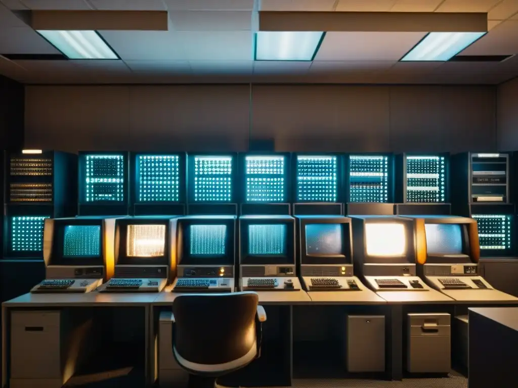 Imagen 8k de sala de ordenadores vintage con mainframes, luces parpadeantes y monitores retro