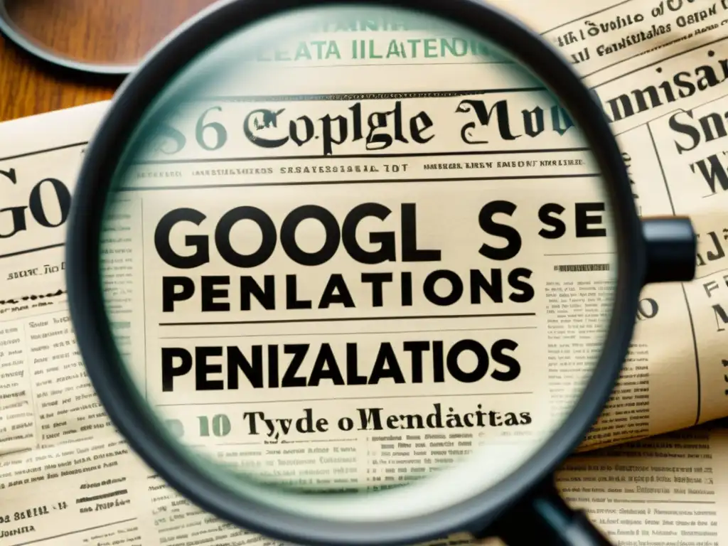 Imagen sepia de periódico vintage con titulares 'Google SEO Penalizaciones', rodeada de herramientas SEO antiguas