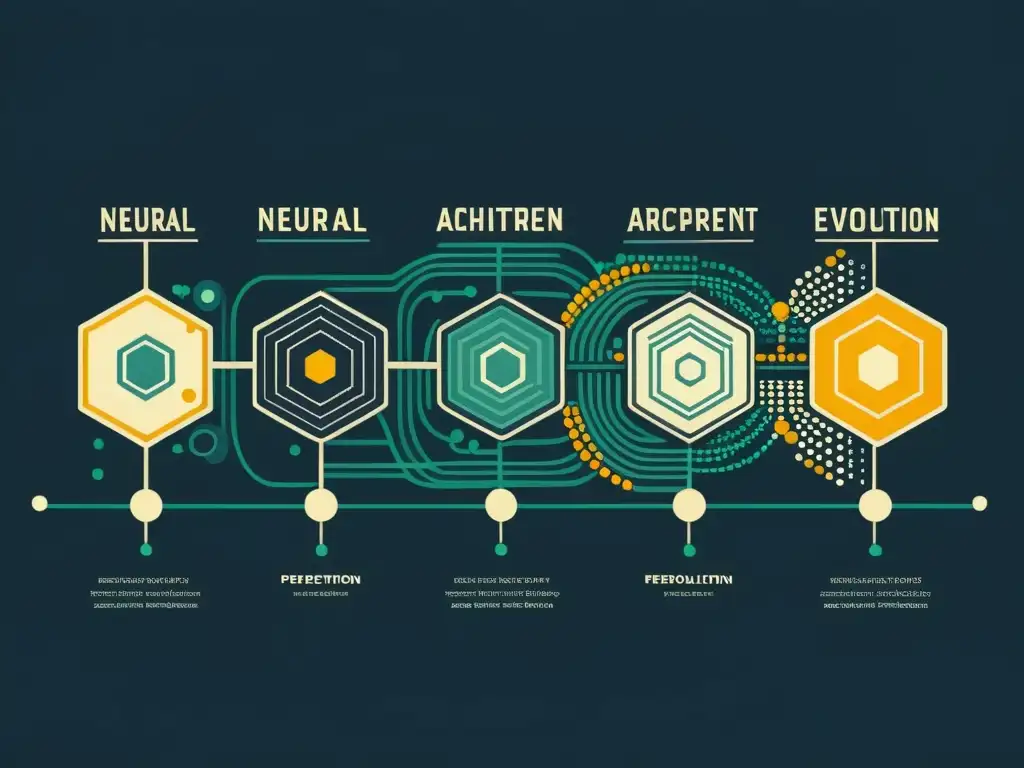 Imagen vintage de la evolución de arquitecturas de redes neuronales, con conexiones intrincadas y capas complejas en un estilo clásico atemporal