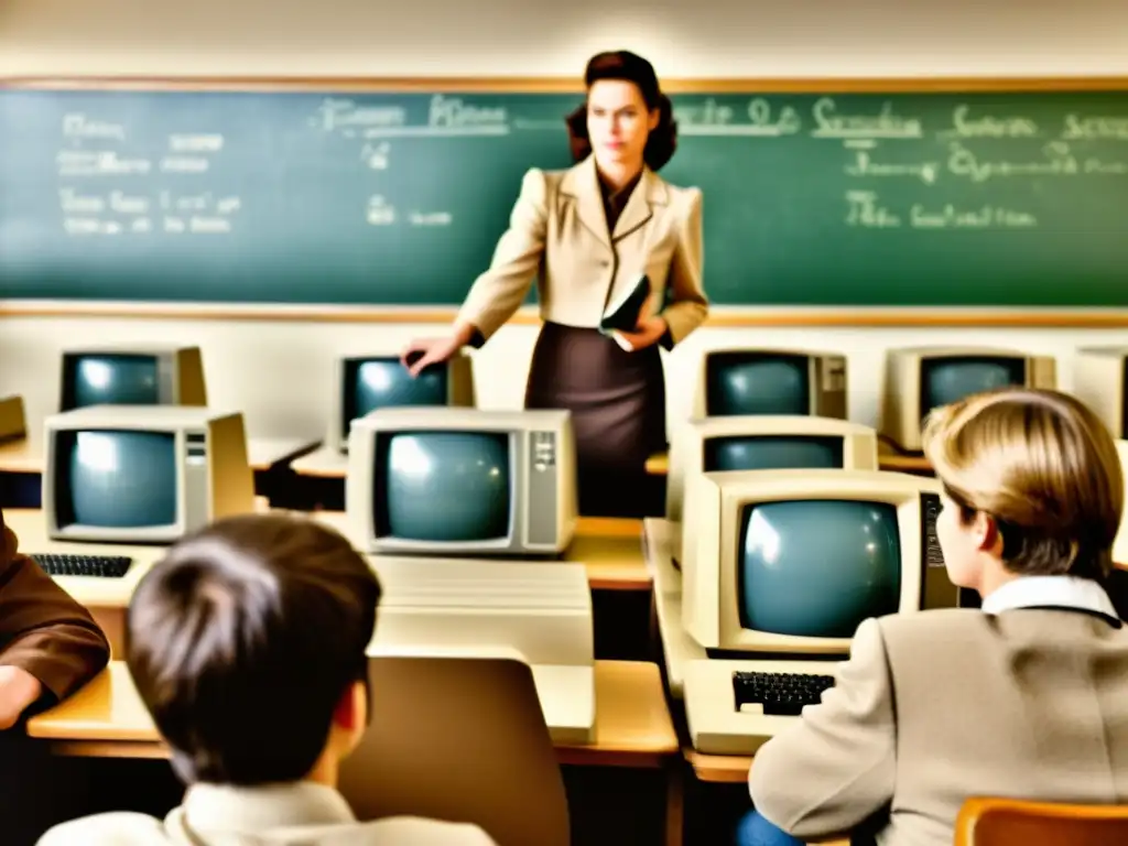 Imagen vintage de aula en los 80 con estudiantes usando software antiguo como recurso educativo, evocando nostalgia y enseñanza innovadora