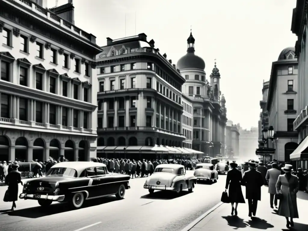 Imagen vintage en blanco y negro de una bulliciosa calle de la ciudad, capturando la energía y la historia urbana