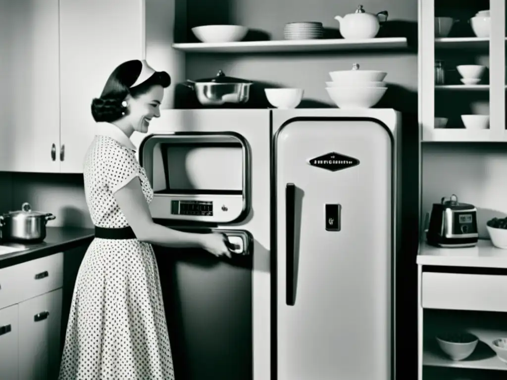 Una imagen vintage en blanco y negro de una cocina de mediados de siglo, donde una mujer en un vestido retro utiliza un moderno sistema embebido en un electrodoméstico, como un refrigerador o lavadora