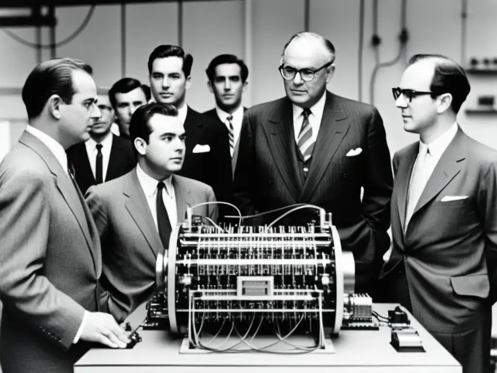 Imagen vintage en blanco y negro de Gordon Moore y un grupo de ingenieros examinando un prototipo temprano de computadora