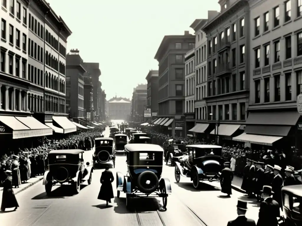 Imagen vintage en blanco y negro de una bulliciosa calle de la ciudad a principios del siglo XX, mostrando la transición del folleto impreso a contenido web