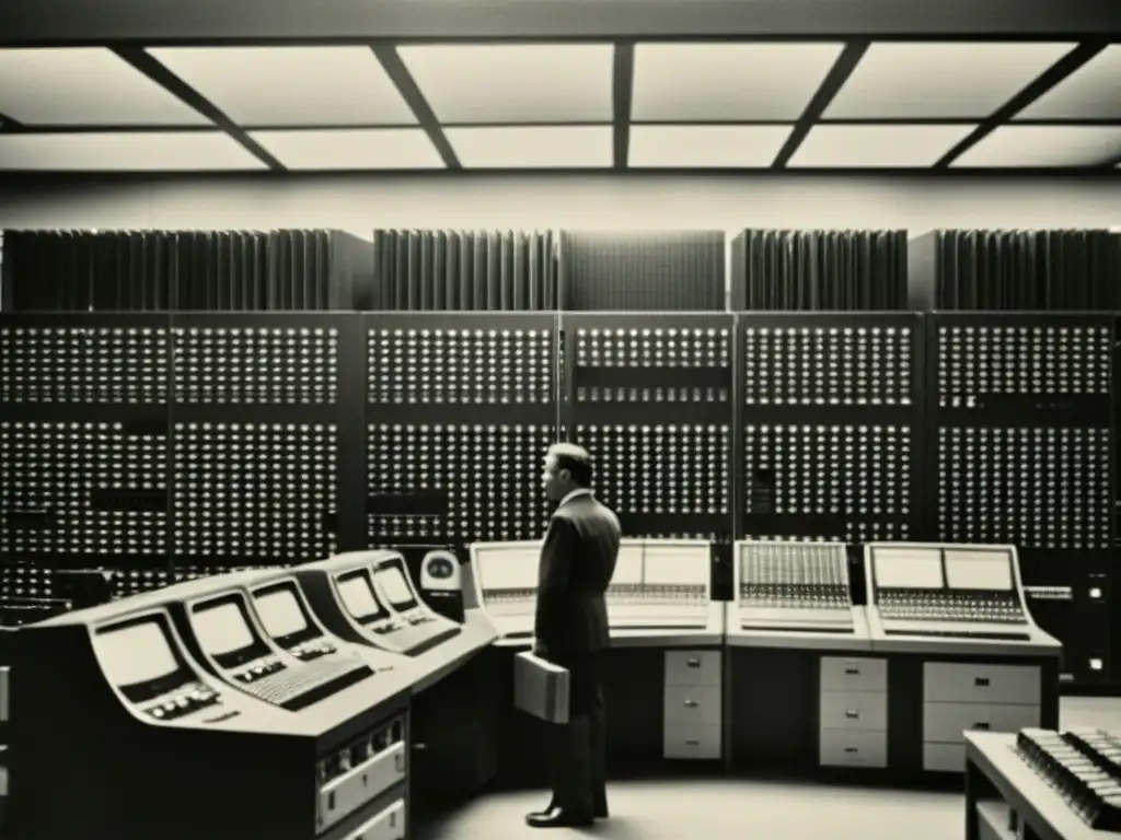 Imagen vintage en blanco y negro de una sala llena de equipos informáticos antiguos, con una computadora central en el centro