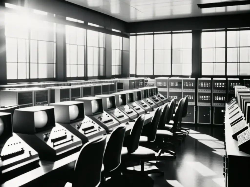 Imagen vintage en blanco y negro de una sala llena de equipos informáticos antiguos, operadores y luz solar