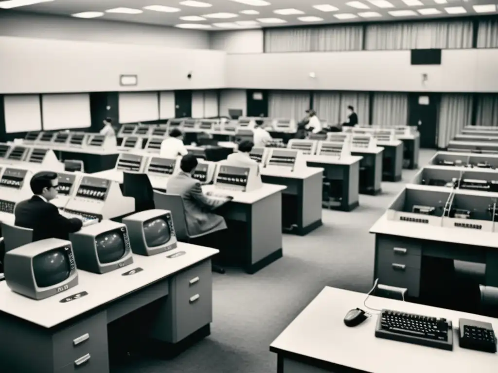 Imagen vintage en blanco y negro de un laboratorio de computación de los años 60, con estudiantes usando computadoras de escritorio y un ratón grande y anticuado en primer plano