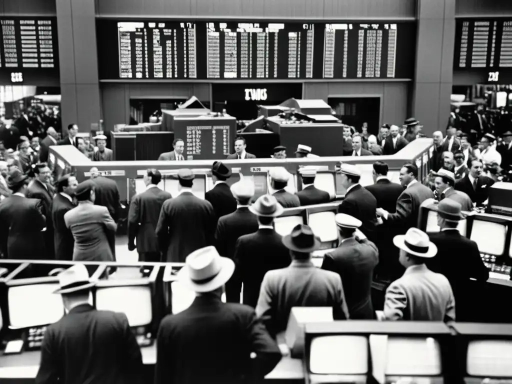 Imagen vintage en blanco y negro de un bullicioso piso de bolsa, mostrando el caos organizado de la sala de operaciones