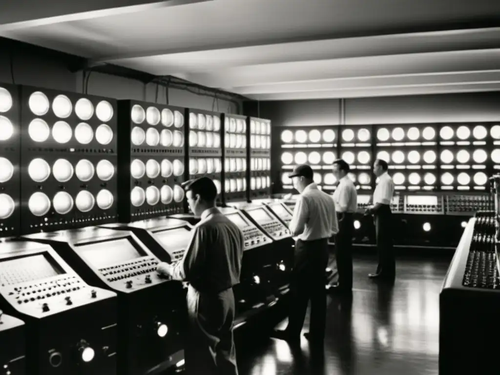 Imagen vintage en blanco y negro de una sala llena de computadoras antiguas y maquinaria