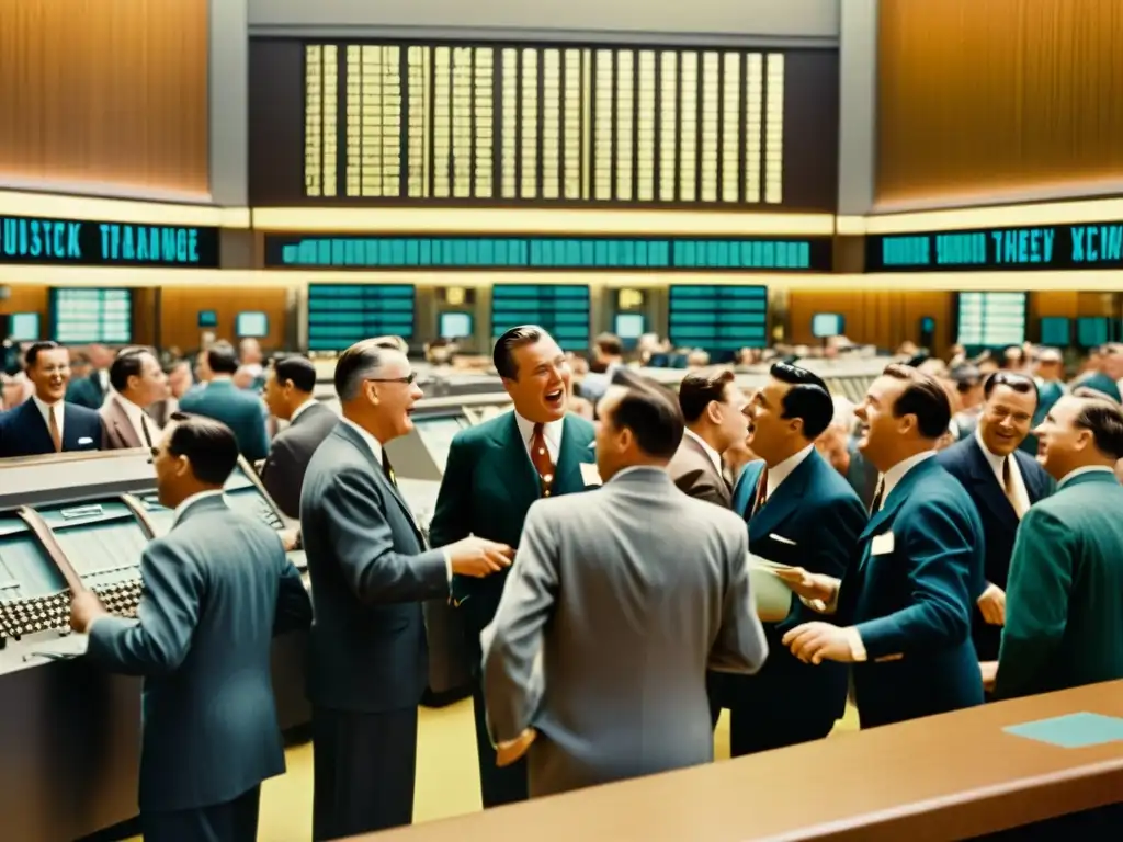 Imagen vintage de una bulliciosa bolsa de valores en los años 50, con traders en trajes, máquinas de cinta de ticker y tecnología antigua