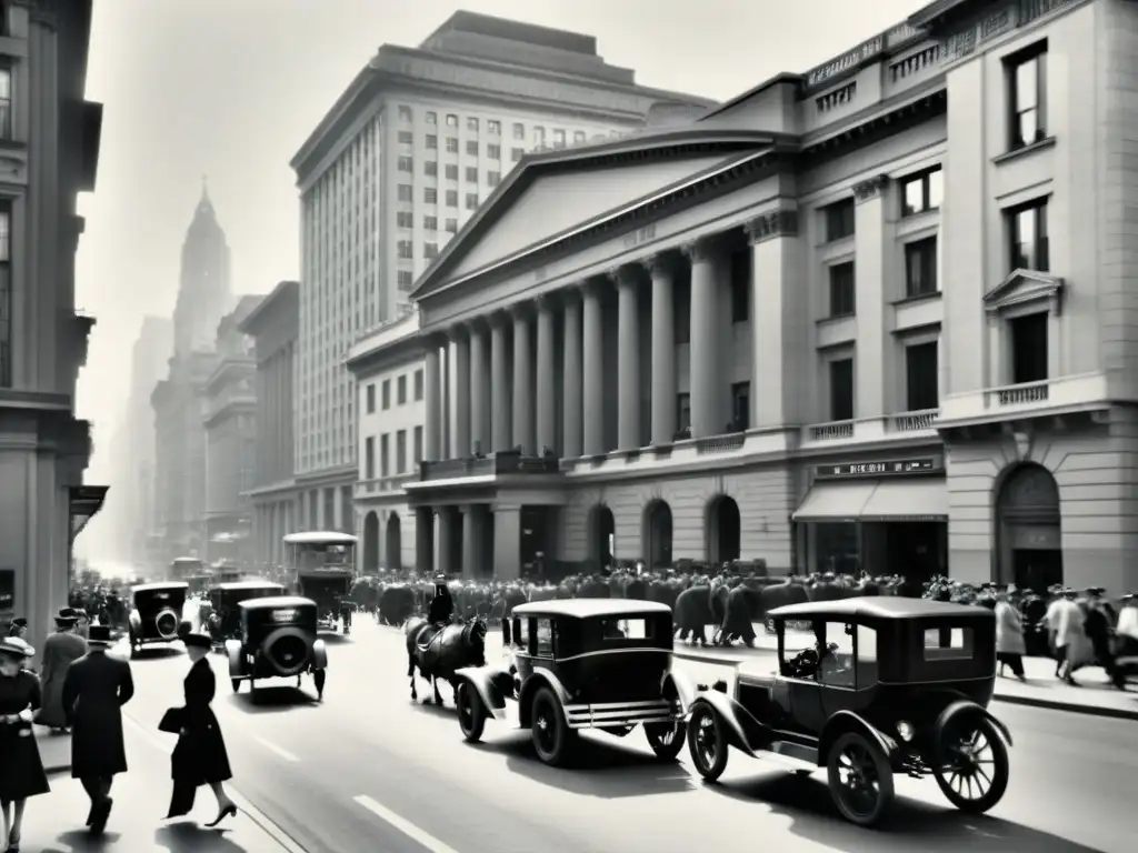 Imagen vintage de una bulliciosa calle con bancos y gente en atuendos clásicos, evocando la transformación digital de los bancos tradicionales