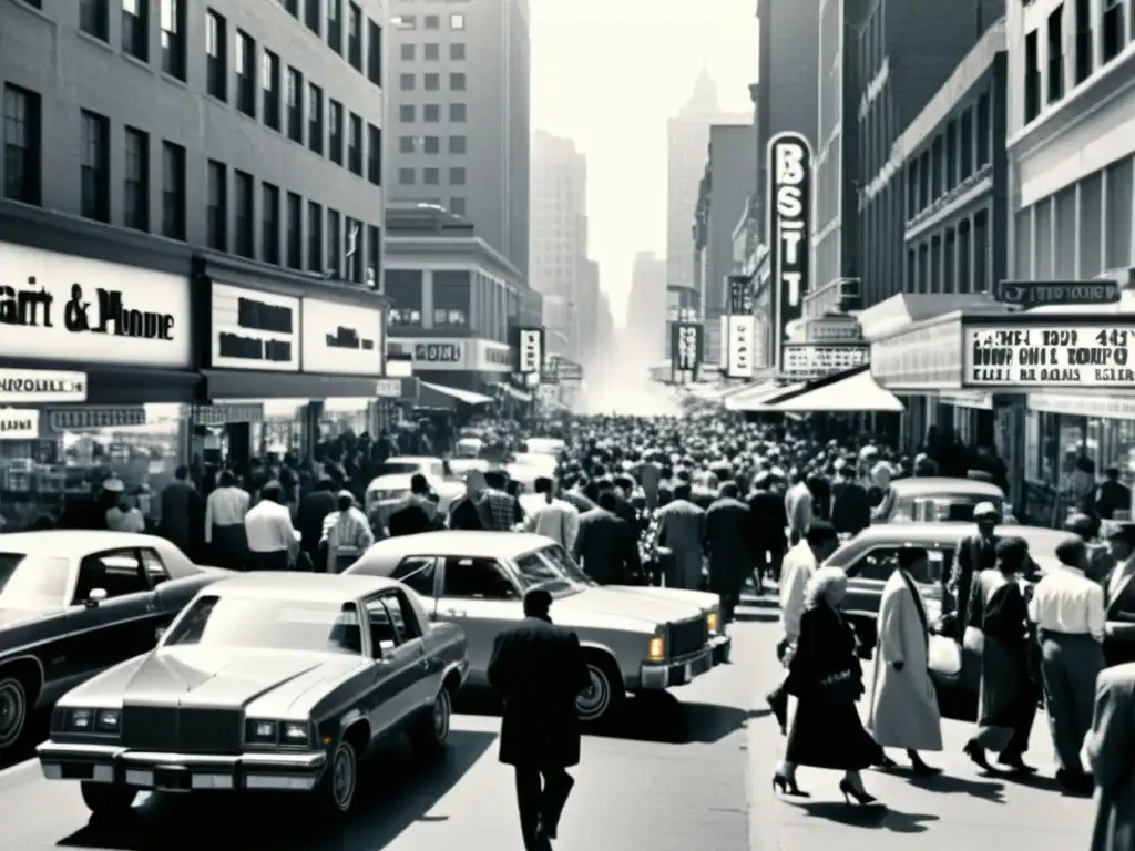 Imagen vintage de una bulliciosa calle de la ciudad en los años 80, con personas, autos clásicos y letreros de neón