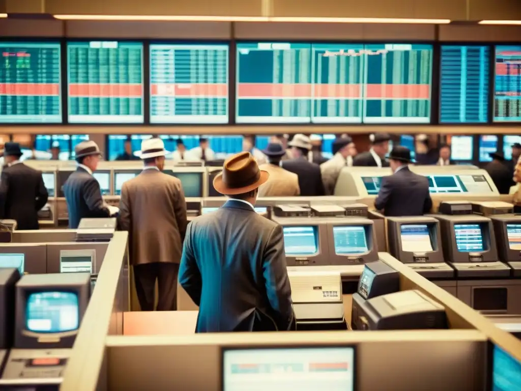 Imagen vintage de una bulliciosa plataforma de trading con traders en trajes y fedoras, rodeados de máquinas de ticker y monitores de noticias en tiempo real