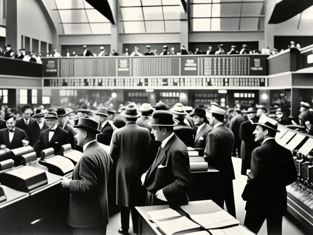 Imagen vintage de una bulliciosa sala de operaciones del siglo XX con traders, máquinas de ticker y pizarras de precios de acciones