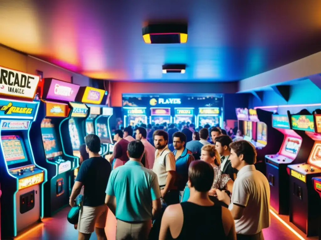 Intensa competencia en el bullicioso arcade de los 80 Una imagen vintage de un bullicioso arcade de los años 80, con jugadores compitiendo en videojuegos bajo luces de neón