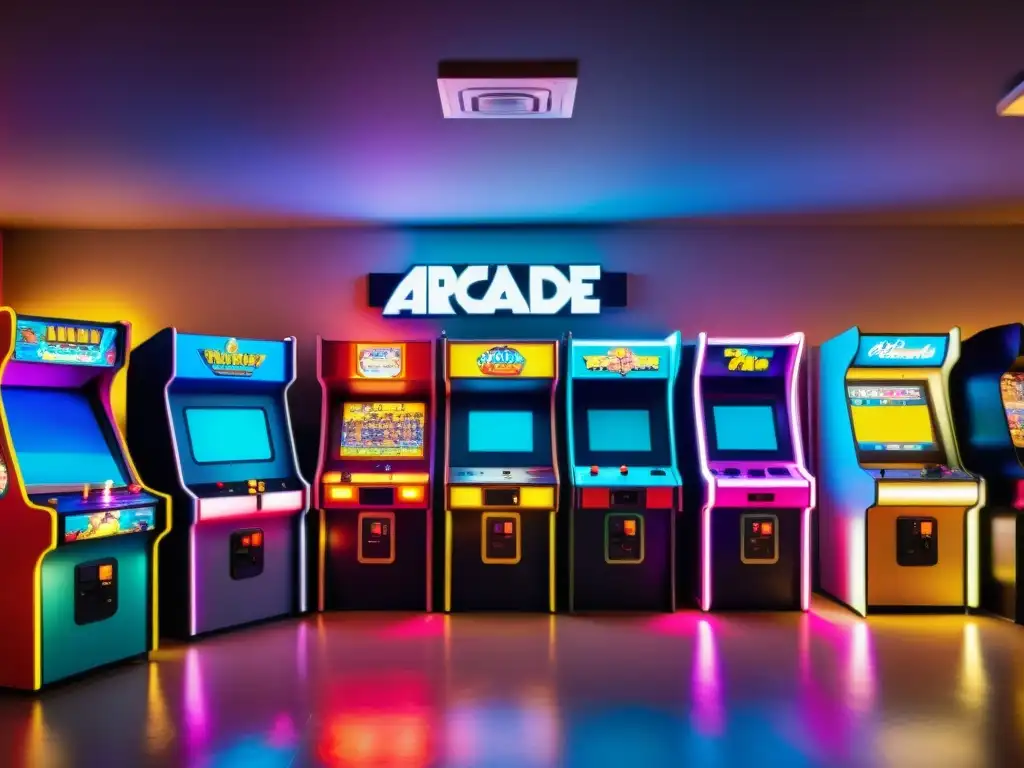 Una imagen vintage en 8k de un bullicioso arcade retro, con juegos clásicos, luces de neón vibrantes y una multitud inmersa en la experiencia de juego