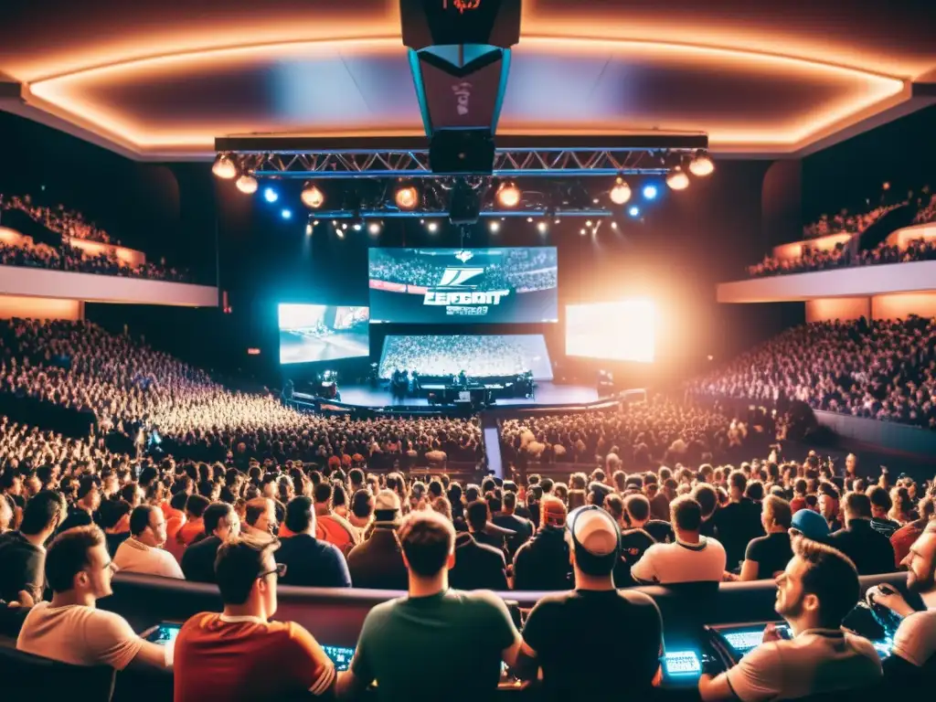 Imagen vintage en 8k de un bullicioso estadio de esports con estética retro