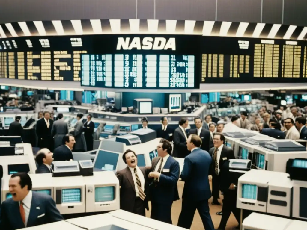 Imagen vintage del bullicioso piso de intercambio NASDAQ en los años 70, con traders en trajes y corbatas, gestos y algarabía, junto a pantallas electrónicas y terminales de computadora