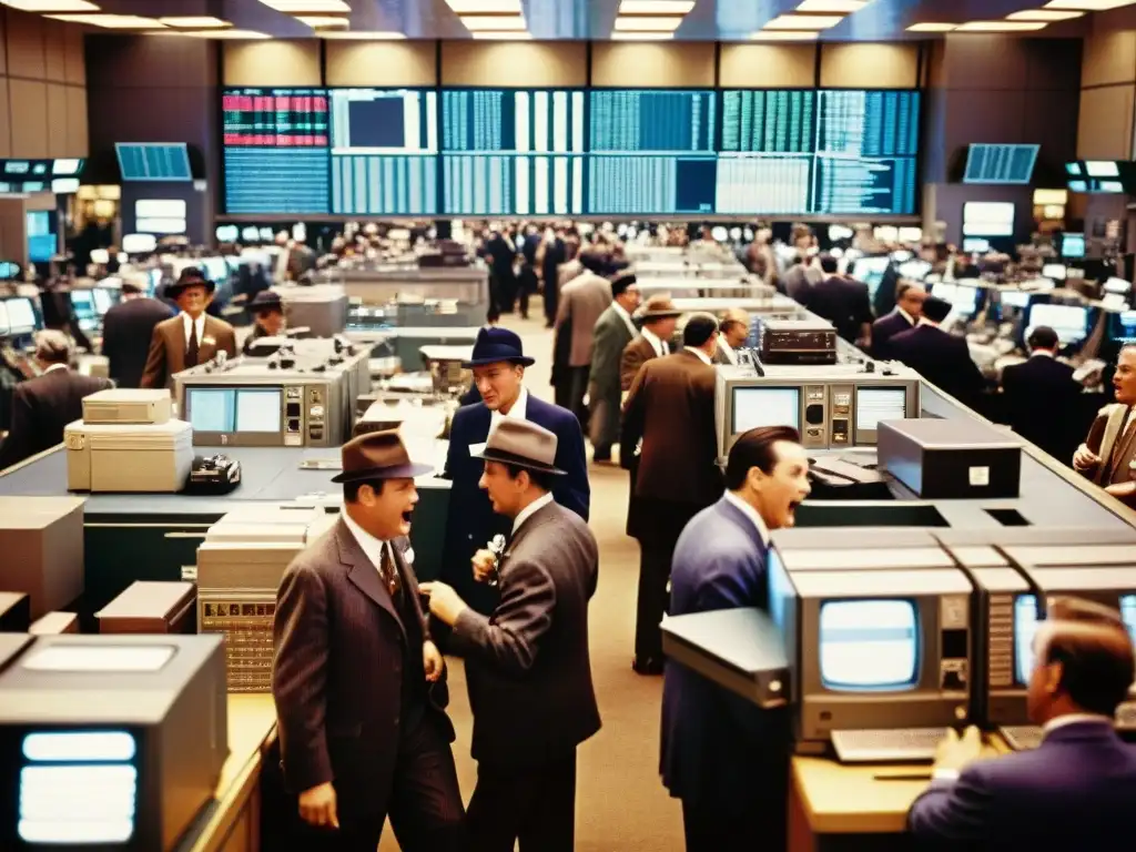 Imagen vintage de un bullicioso piso de trading, con comerciantes en trajes elegantes y fedoras, rodeados de terminales de computadoras antiguas y máquinas de cintas de ticker