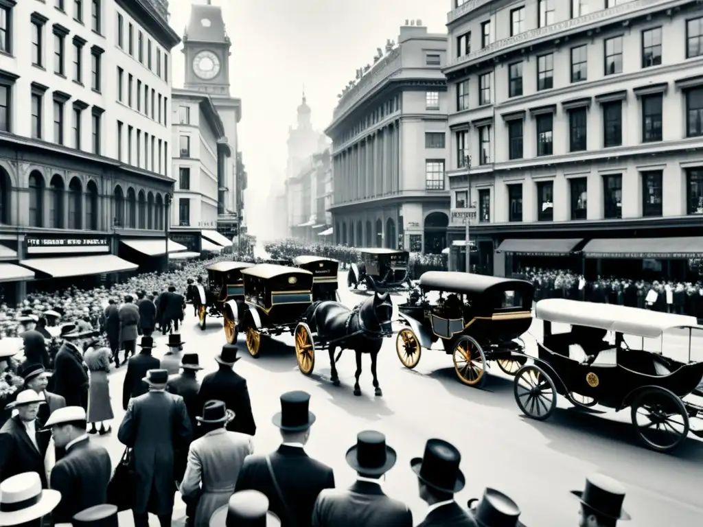 Imagen vintage de calles urbanas del siglo XX con personas y carruajes, y superposición sutil de iconos tecnológicos