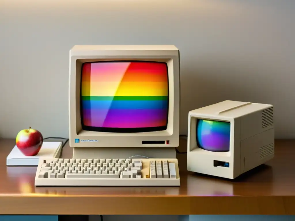 Imagen vintage de la computadora original Macintosh de 1984 en un entorno retro de oficina, evocando la evolución de MacOS a lo largo de los años