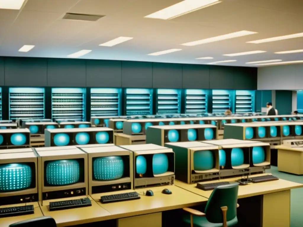 Imagen vintage de una concurrida sala de computadoras de los años 60, reflejando la evolución de la computación y el progreso tecnológico