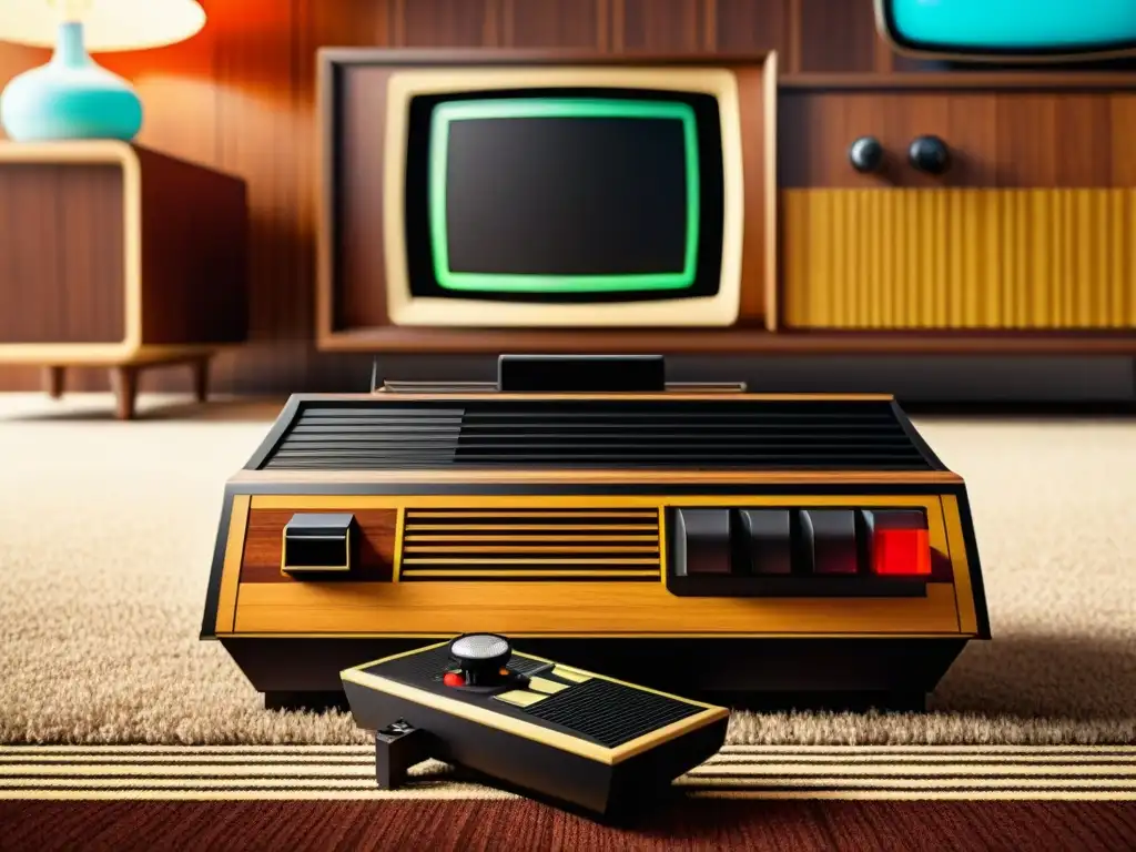 Imagen vintage de la emblemática consola Atari 2600 en un salón de los años 70, evocando la evolución del software de videojuegos