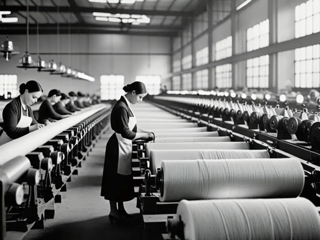 Imagen vintage de fábrica textil con trabajadores y maquinaria antigua, evocando la evolución de la computación en moda