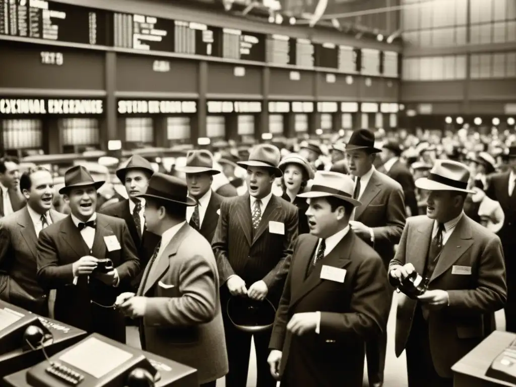 Imagen vintage de la frenética actividad bursátil en la bolsa, evocando la emoción de los mercados financieros en la era predigital