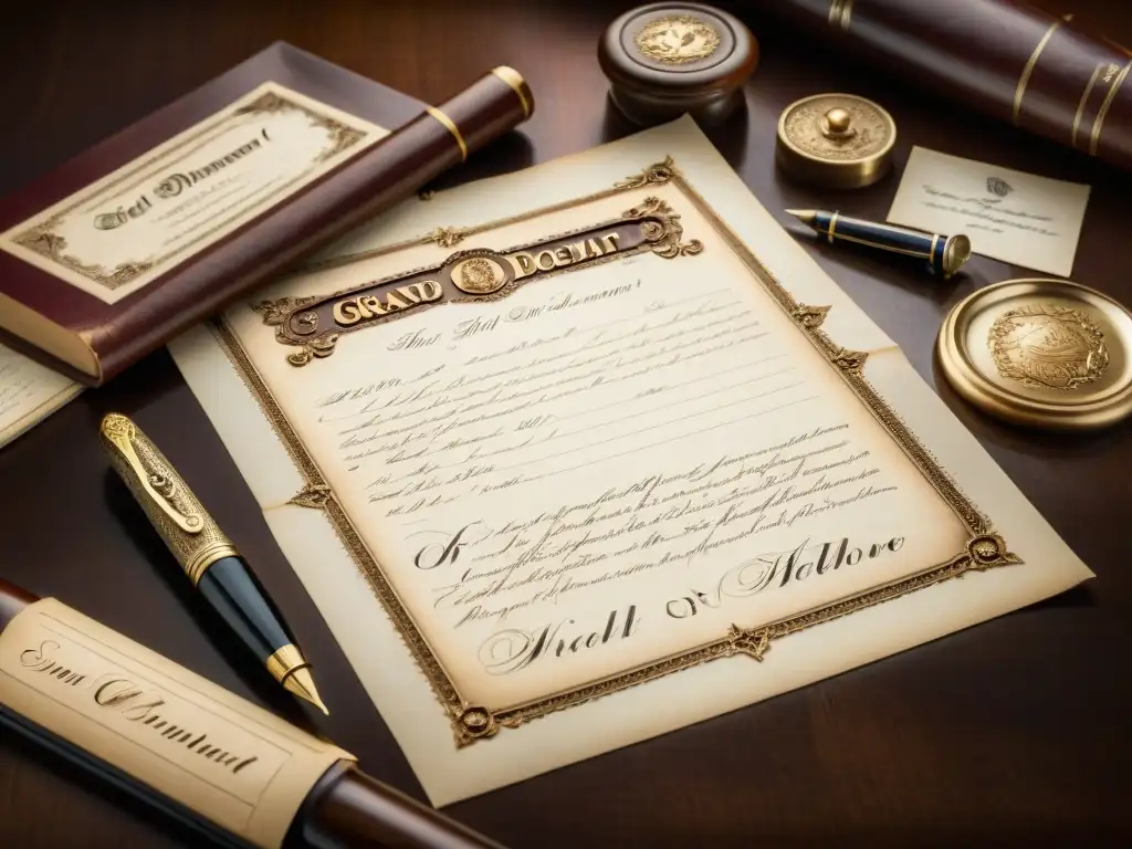 Documento legal del siglo XIX: encanto vintage y significado histórico Una imagen vintage de un importante documento legal del siglo XIX, rodeado de libros antiguos y una pluma, evocando importancia histórica