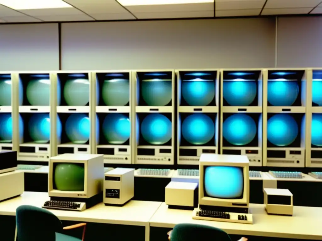 Imagen vintage de un laboratorio de computación de los 80, con computadoras de escritorio y usuarios interactuando con la evolución de interfaces gráficas de usuario