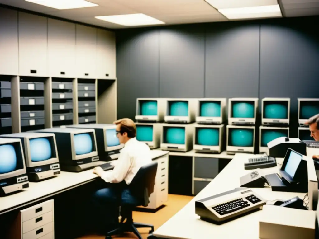 Imagen vintage de un laboratorio de computadoras de los años 80, con técnicos trabajando en software antivirus