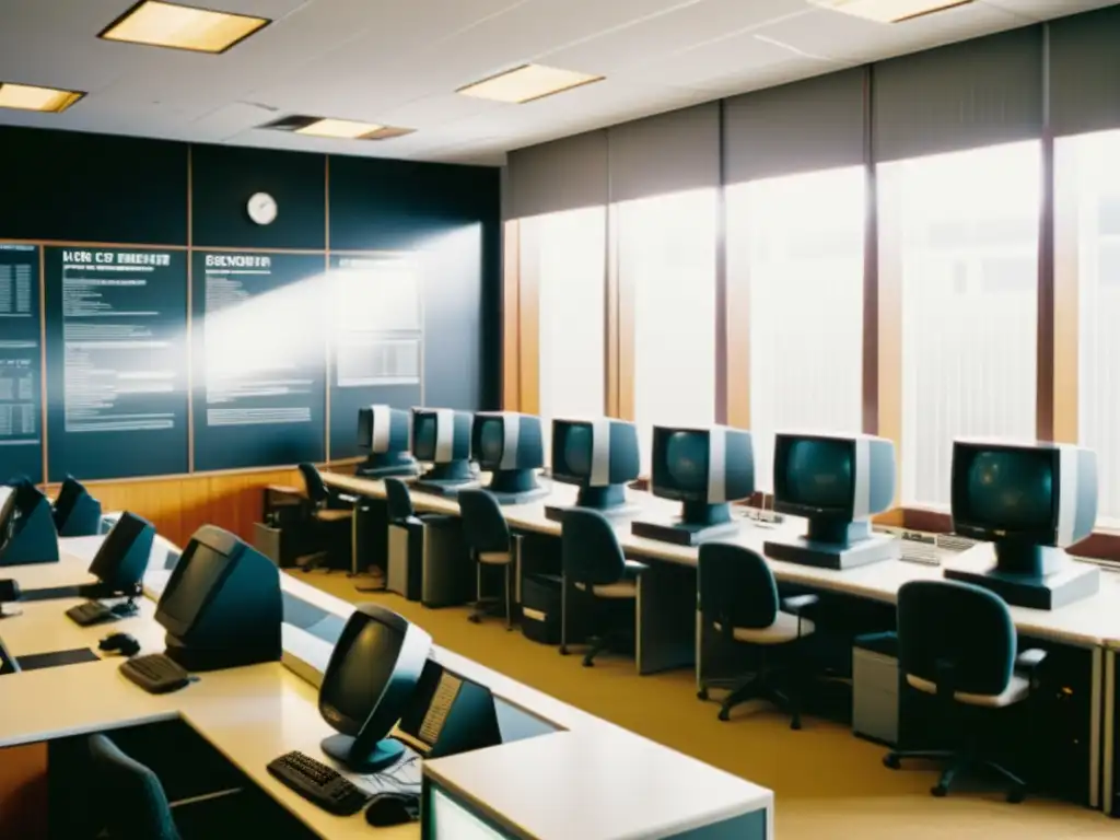 Imagen vintage de un laboratorio de computadoras de principios de los 2000, con gente trabajando en escritorios y monitores CRT