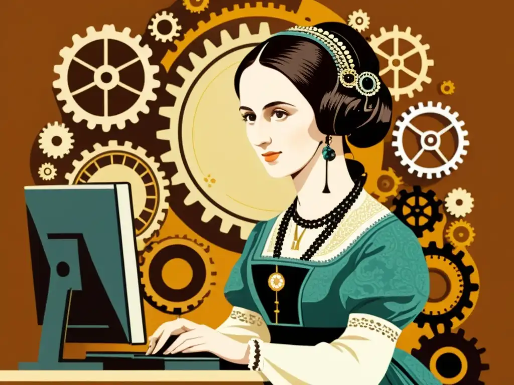 Ada Lovelace: pionera en programación Imagen vintage de Ada Lovelace programando, rodeada de engranajes y ecuaciones matemáticas, con una paleta cálida y detalles intrincados, evocando su trabajo pionero en ciencias de la computación