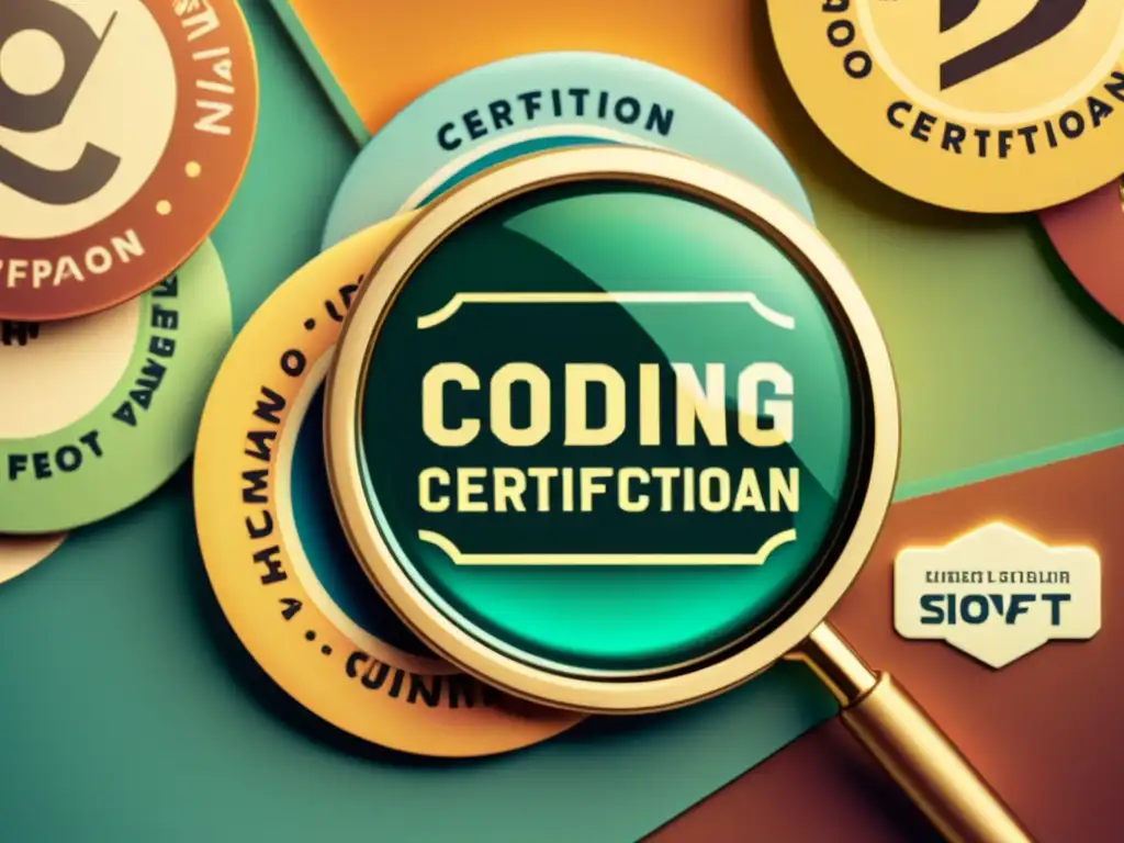 Una imagen vintage de una lupa sobre insignias de certificación de programación, reflejando luz ambiental y destacando los detalles intrincados