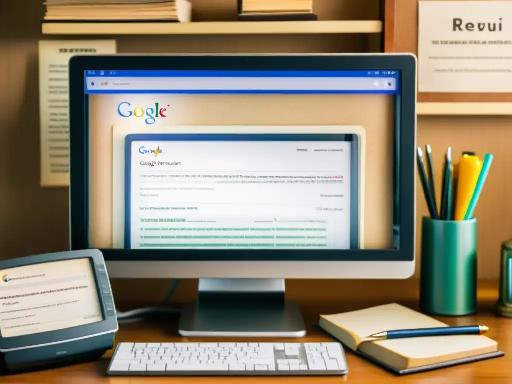 Imagen vintage de monitor con resultados de penalización Google, rodeado de herramientas SEO antiguas